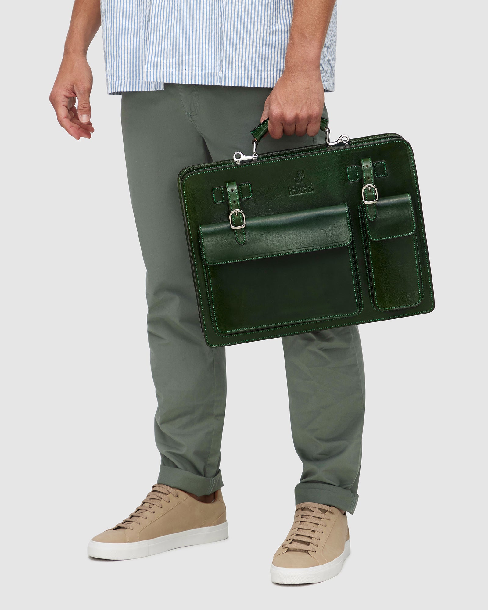 MUNICH Green Leather Briefcase double compartments leathershop