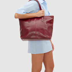 Beatrice Red - Leather Tote with laptop sleeve