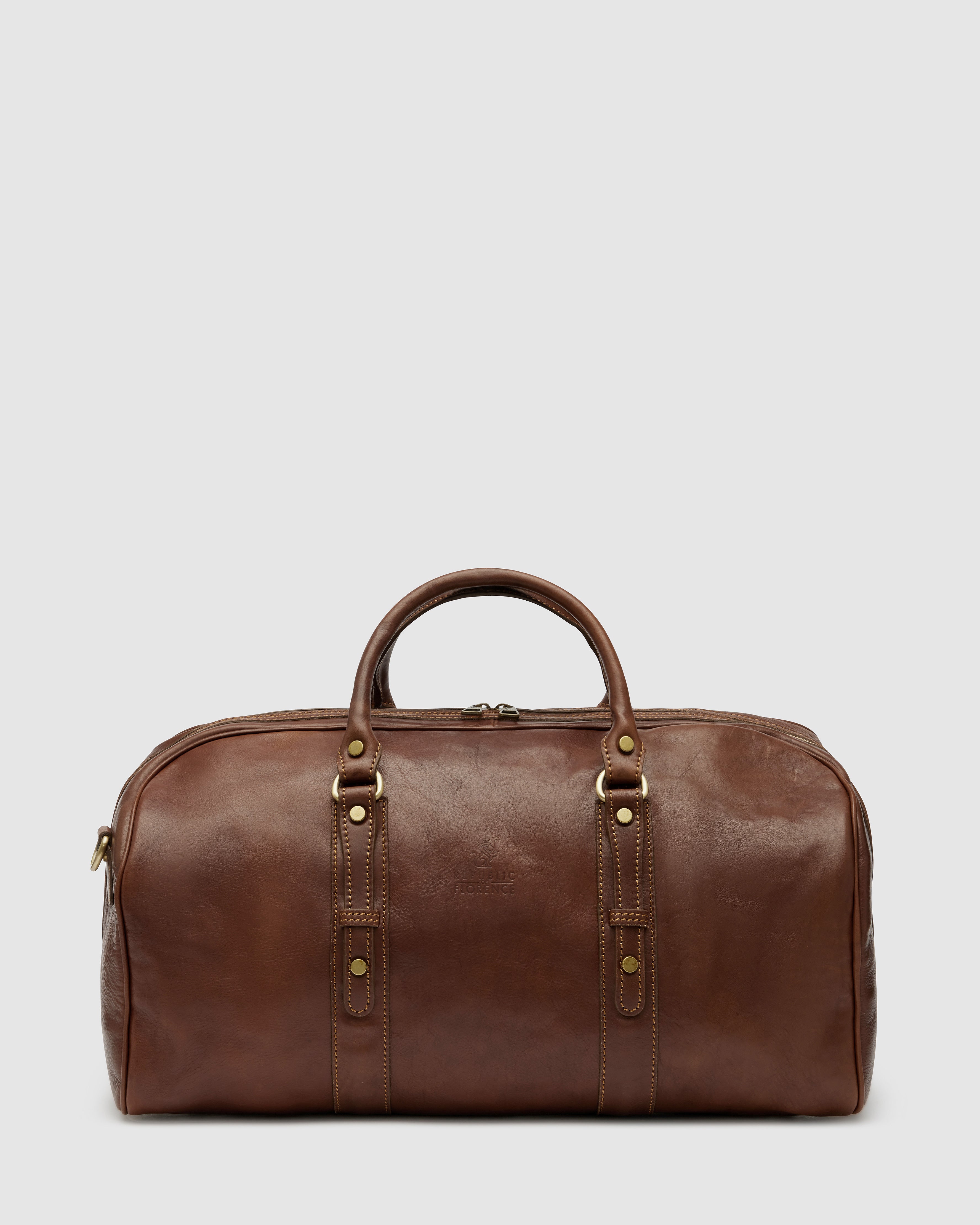 brown leather weekender bag