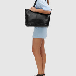 Beatrice Black - Leather Tote with laptop sleeve